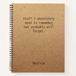 Cuaderno Funny Personalized Notes Office Meeting<br><div class="desc">Notas personalizadas divertidas Office Meeting Notebook incluye el texto "Cosas que necesito recordar,  pero probablemente olvidaré" con su nombre personalizado debajo en un fondo de trabajo rústico y neutro en género. Personalice editando el texto en el cuadro de texto proporcionado. Diseñado por ©Evco Studio www.zazzle.com/store/evcostudio</div>