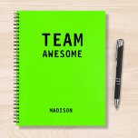 Cuaderno Funny Team Personalized Notes Office Meeting<br><div class="desc">Funny Team Personalized Notes Office Meeting Notebook incluye el texto "Team Awesome" con su nombre personalizado debajo en un fondo verde neon. Personalice editando el texto en el cuadro de texto proporcionado. Diseñado por ©Evco Studio www.zazzle.com/store/evcostudio</div>