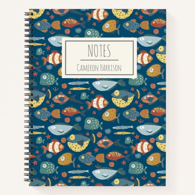 Cuaderno Funny Whimsical Ocean Sea Fish Blue Personalizado (Anverso)
