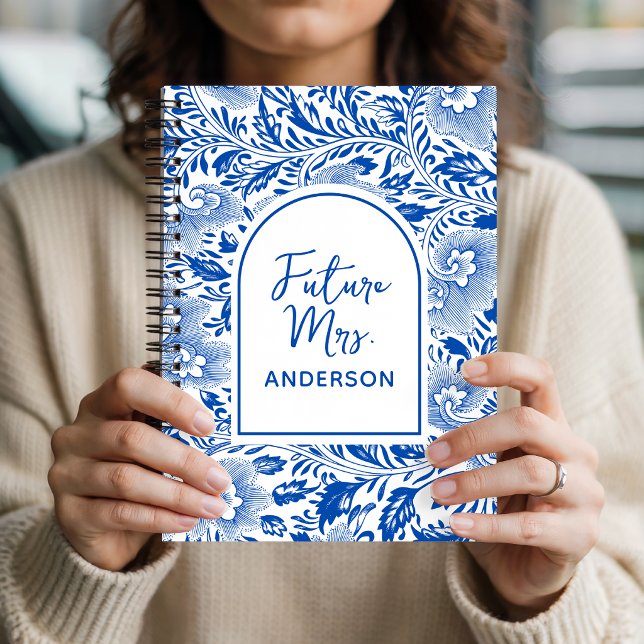 Cuaderno Future Mrs | Chinoiserie Azul Personalizado Boda N (blue floral chinoiserie bride journal gift, bridal shower journal, bachelorette party bride journal)