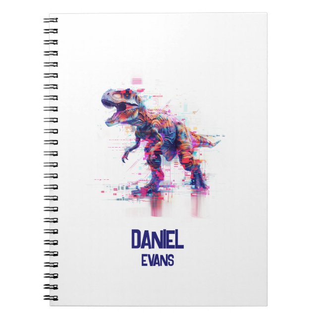 Cuaderno Futurista T-Rex Dinosaurio con Efecto Glitch y Nom (Frente)