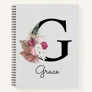 Cuaderno G Monograma inicial Boho rosa Giro Floral