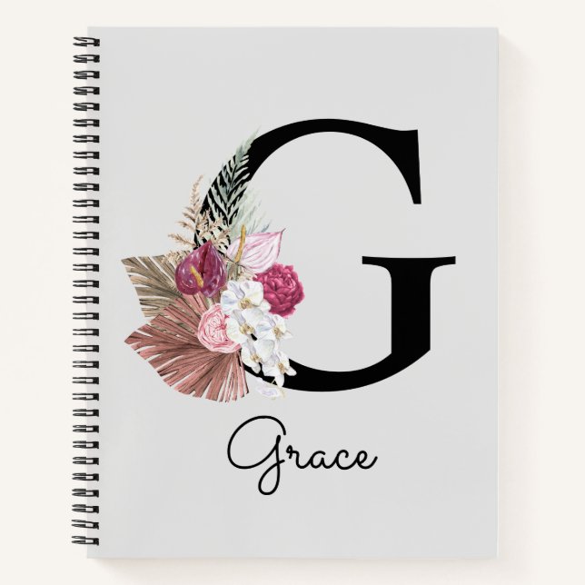 Cuaderno G Monograma inicial Boho rosa Giro Floral (Anverso)