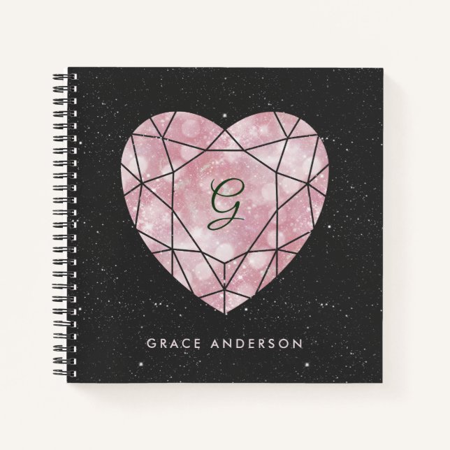 Cuaderno Galaxy Heart | Monograma geométrico Rubor y negro (Anverso)