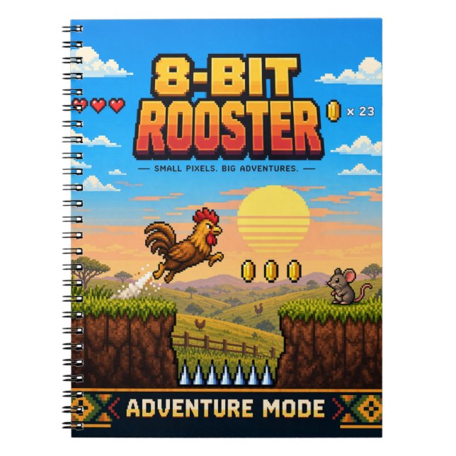 Cuaderno Gallo, Arte de Pixel Retro de 8 Bits (Frente)