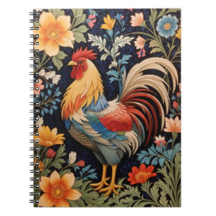 Cuaderno Gallo Elegante sobre Fondo Floral Colorido