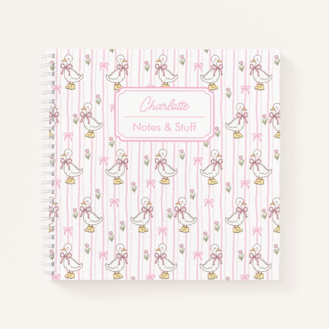 Cuaderno Gansa Coqueta Monísima con Lazo Rosa Personalizado (Anverso)
