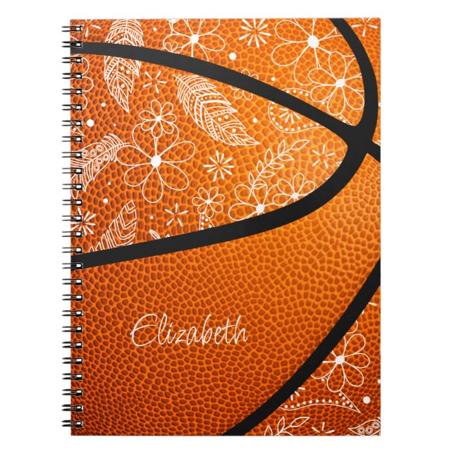 Cuaderno garabatos plumas paislies flores boho baloncesto (Frente)