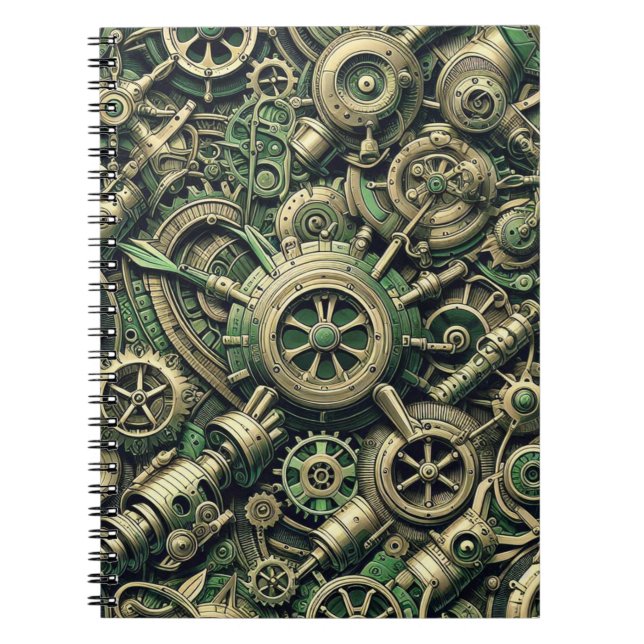 Cuaderno Gases de relojería verde industrial Steampunk (Frente)