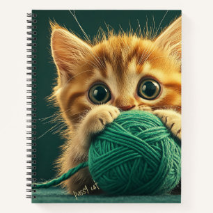 Cuaderno Gatito amarillo jugando con bolas de lana verde