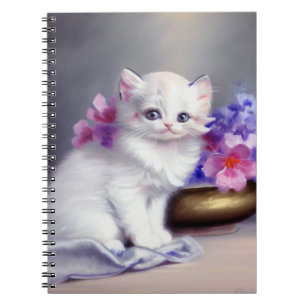Cuaderno Gatito blanco vintage con flores rosadas y moradas