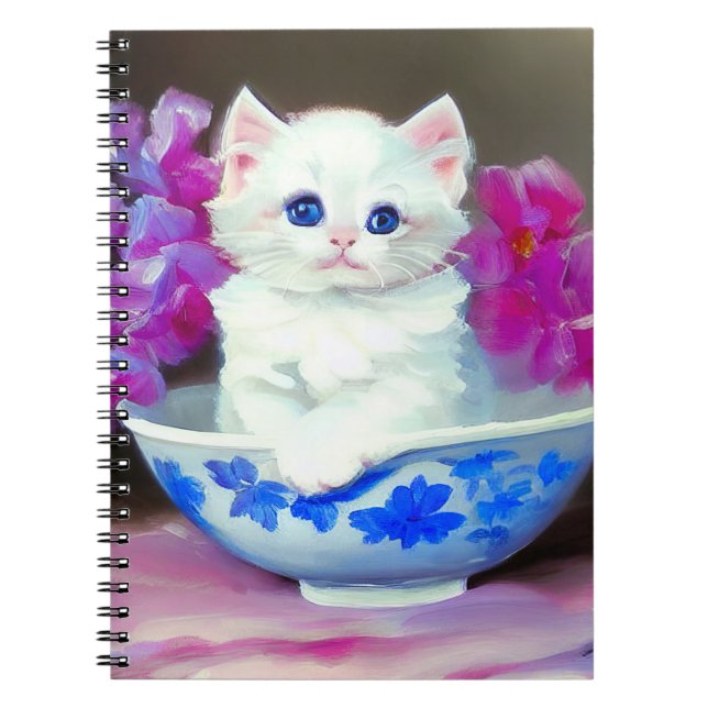 Cuaderno Gatito blanco vintage con flores rosas (Frente)