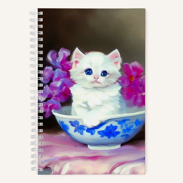 Cuaderno Gatito blanco vintage con flores rosas (Anverso)