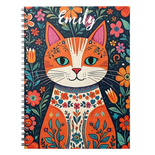 Cuaderno Gatito lindo con flores de arte folclórico caprich (Frente)