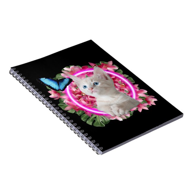 Cuaderno Gatito lindo con mariposa azul en neón tropical (Lado Derecho)