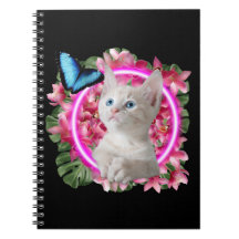 Gatito lindo con mariposa azul en neón tropical