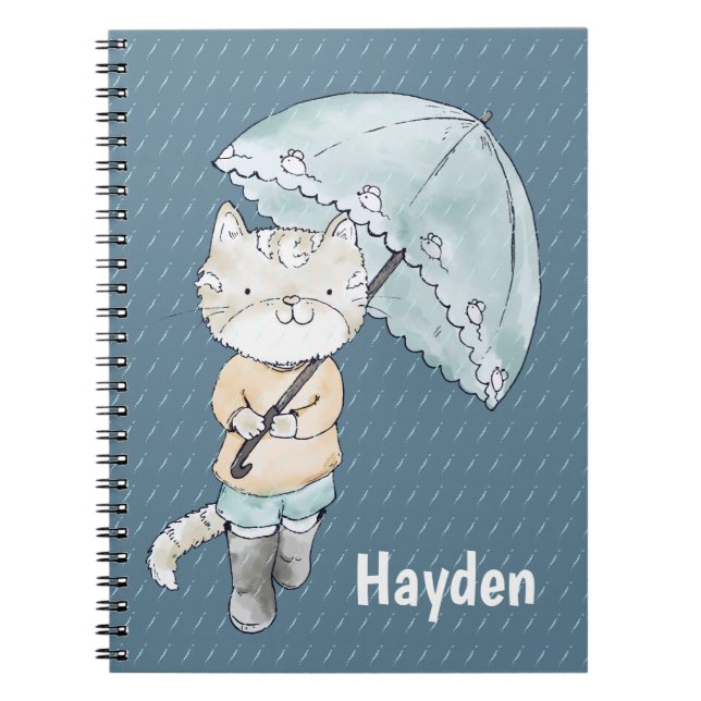 Cuaderno Gatito lindo con paraguas en el arte de la lluvia  (Frente)