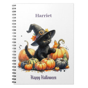 Cuaderno Gatito negro de Halloween con calabazas y Gorra de
