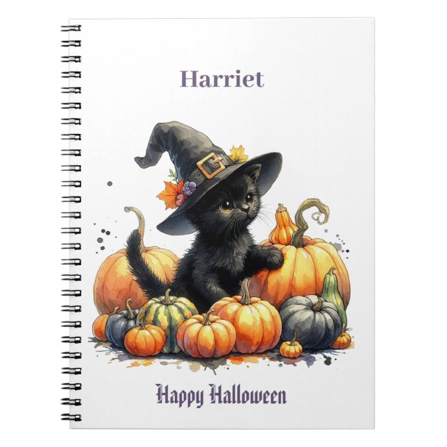Cuaderno Gatito negro de Halloween con calabazas y Gorra de (Frente)