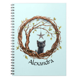 Cuaderno Gatito negro lindo mirando una estrella
