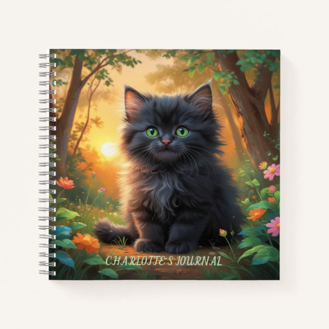 Cuaderno Gatito negro pálido en bosque dorado (Anverso)