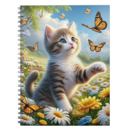 Cuaderno Gatito persiguiendo mariposas en jardín de flores