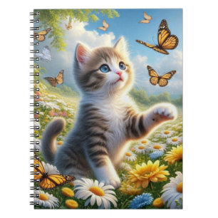 Cuaderno Gatito persiguiendo mariposas en jardín de flores