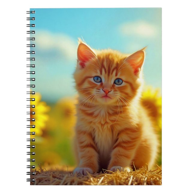 Cuaderno Gatito rojizo adorable en campo de girasoles (Frente)