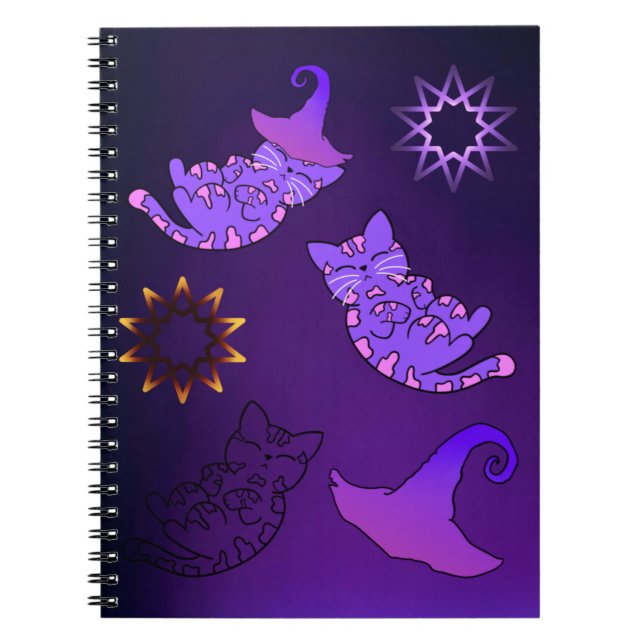 Cuaderno Gatitos morados con Gorras de brujas y estrellas (Frente)