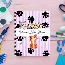 Cuaderno Gatitos y patas Adorables, espiral de rayas morada