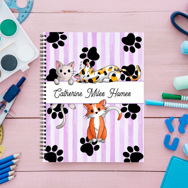 Cuaderno Gatitos y patas Adorables, espiral de rayas morada (Subido por el creador)