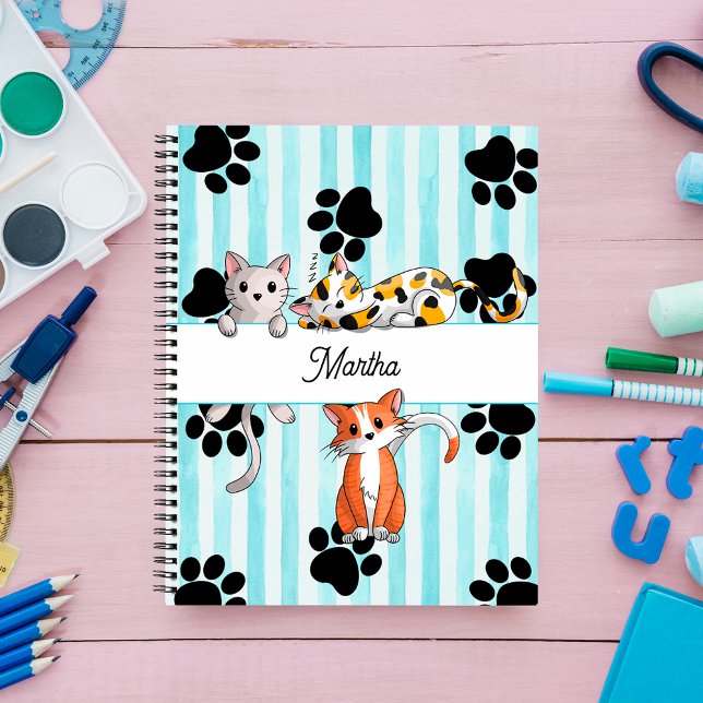 Cuaderno Gatitos y patas de bonito, espiral de rayas azules (Subido por el creador)