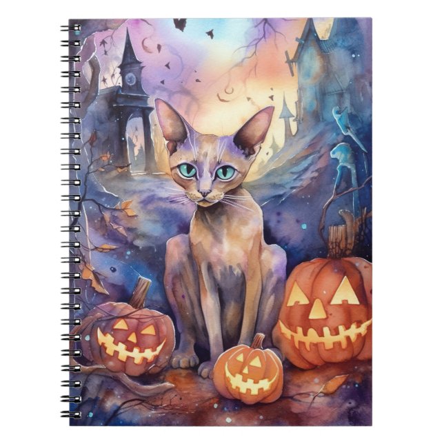 Cuaderno Gato abisano de Halloween con calabazas aterradora (Frente)