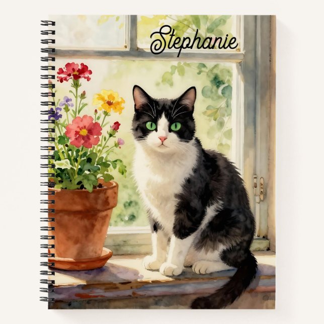 Cuaderno Gato acuarela y flores en alféizar   (Anverso)