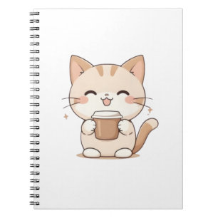 Cuaderno Gato Adorable Bebiendo Café Diseño Kawaii