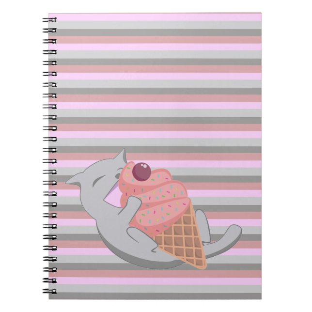 Cuaderno Gato Adorable Comiendo Helado Rayado (Frente)