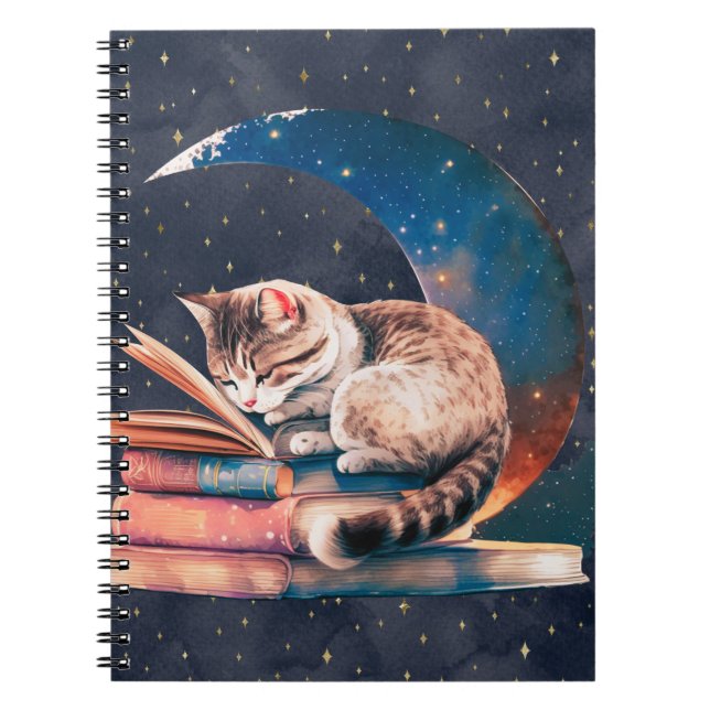 Cuaderno Gato adorable en la luna leyendo un libro (Frente)