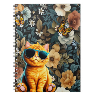 Cuaderno Gato amarillo y mariposas en fondo floral