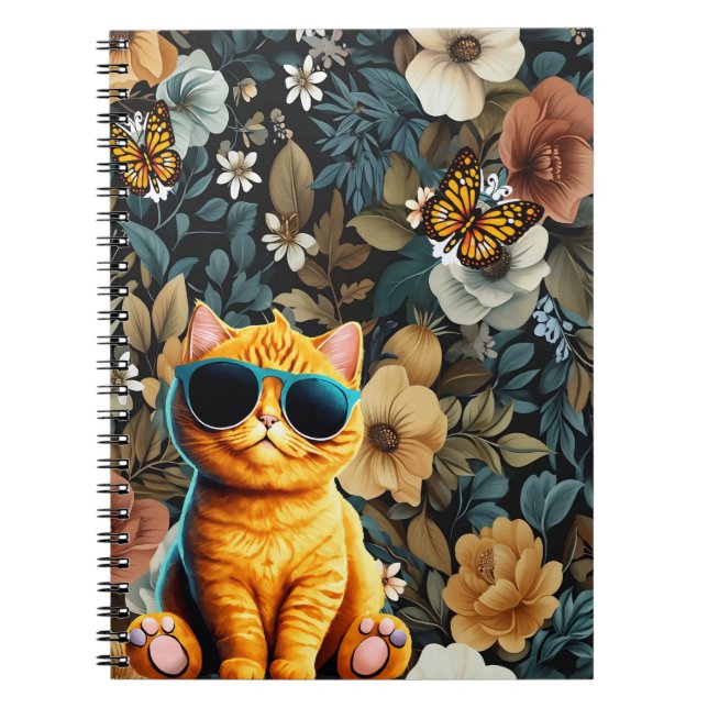 Cuaderno Gato amarillo y mariposas en fondo floral (Frente)