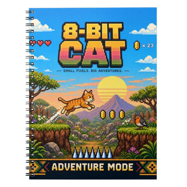 Cuaderno Gato, Arte de Pixel Retro de 8 Bits (Frente)