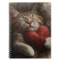 GATO ATIGRADO DORMIDO CON ALMOHADA DE CORAZÓN