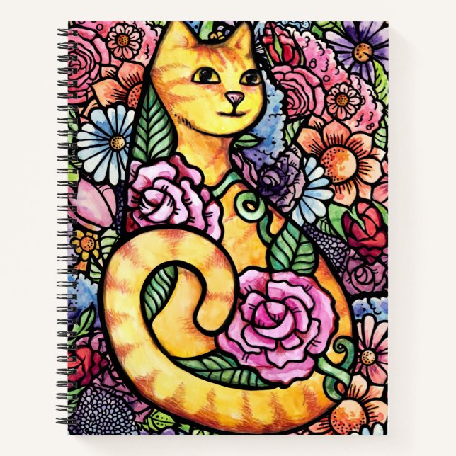 Cuaderno Gato Atigrado Naranja Jardín de Flores (Anverso)