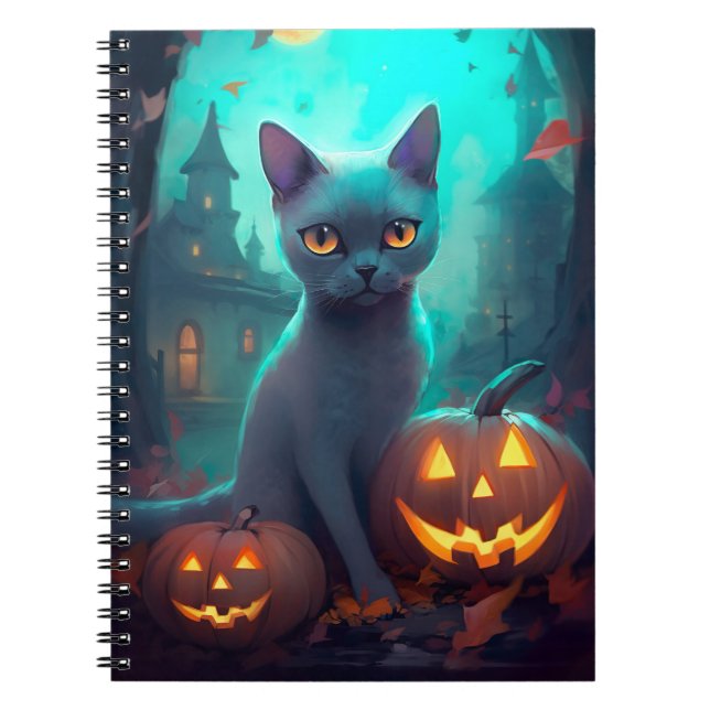 Cuaderno Gato azul ruso de Halloween con calabazas aterrado (Frente)