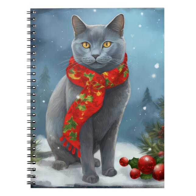 Cuaderno Gato azul ruso en Navidades de nieve (Frente)