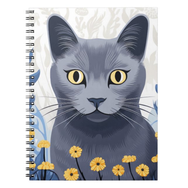 Cuaderno Gato Azul Ruso Flores Amarillas (Frente)