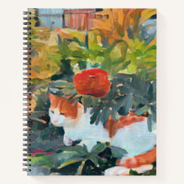 Cuaderno gato bajo un arbusto florido mejorado