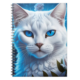 Cuaderno Gato blanco con ojos azules brillantes florales