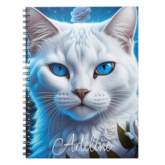 Cuaderno Gato blanco con ojos azules brillantes personaliza (Frente)