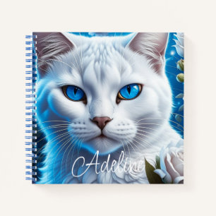 Cuaderno Gato blanco con ojos azules brillantes personaliza