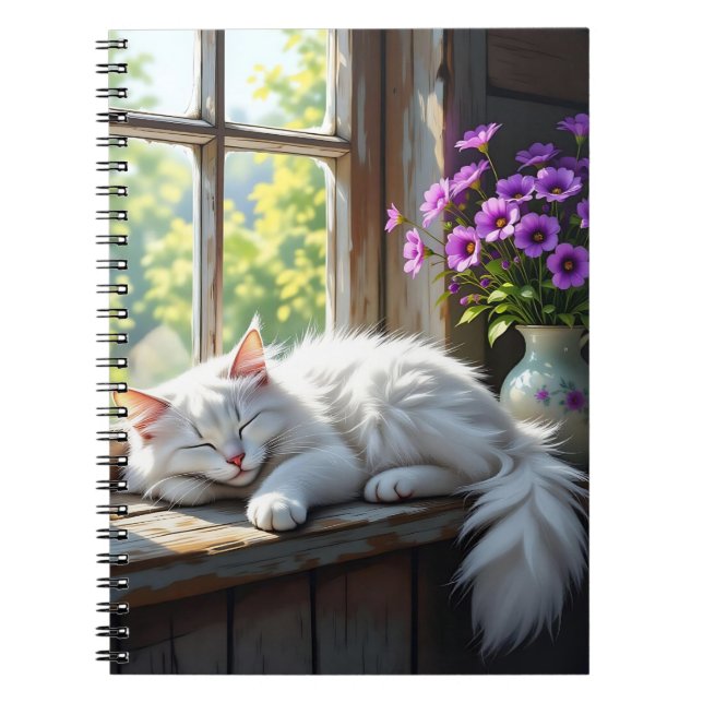 Cuaderno Gato blanco durmiendo y flores púrpura  (Frente)